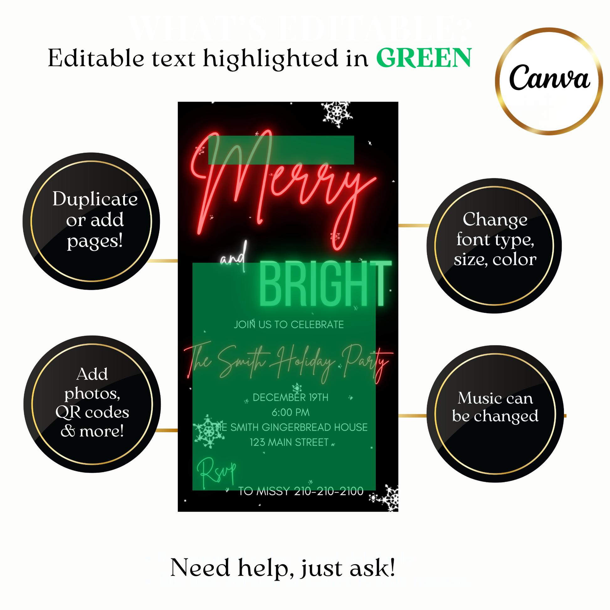 Animated neon Merry Christmas video invitation with glowing effects