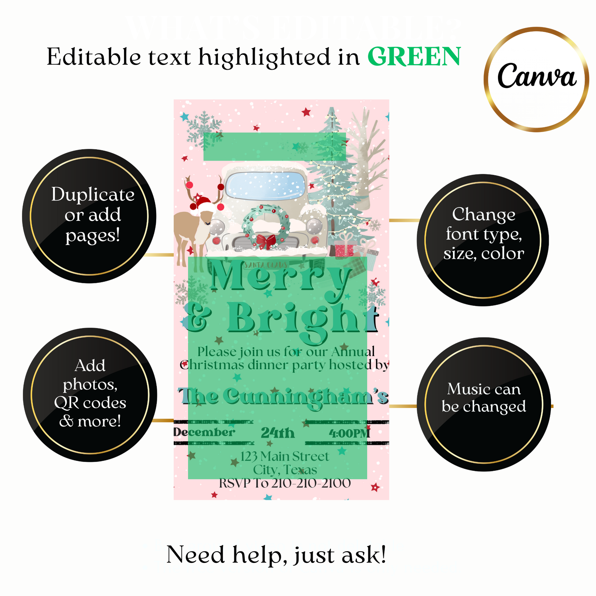 Animated Pink Merry & Bright party invitation with elegant pink design