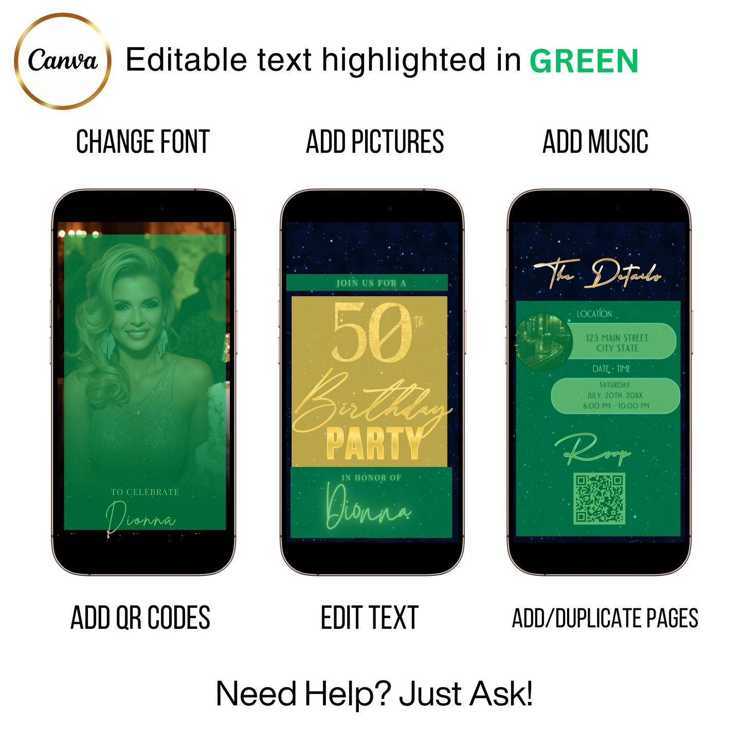 Editable blue shimmer 50th birthday video invitation displayed on a mobile phone, featuring an animated vertical digital invite with music, created in Canva. This premium video invitation template is designed for sharing by text, email, and social media and works with an interactive RSVP website for easy guest response tracking.