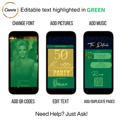 Editable blue shimmer 50th birthday video invitation displayed on a mobile phone, featuring an animated vertical digital invite with music, created in Canva. This premium video invitation template is designed for sharing by text, email, and social media and works with an interactive RSVP website for easy guest response tracking.