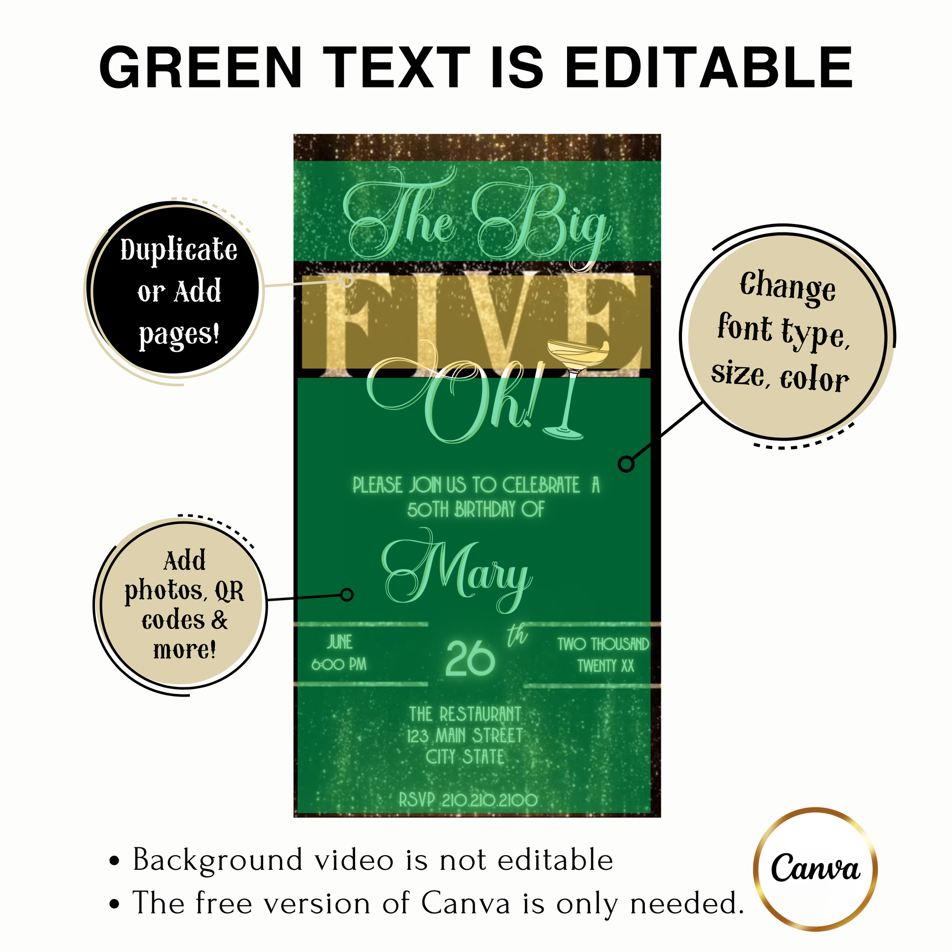 Editable black gold elegant 50th birthday video invitation displayed on a mobile phone, featuring an animated vertical digital invite with music, created in Canva. This premium video invitation template is designed for sharing by text, email, and social media and works with an interactive RSVP website for easy guest response tracking.