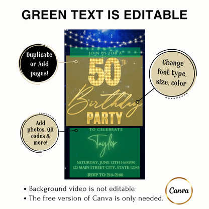 Editable gold disco ball 50th birthday video invitation displayed on a mobile phone, featuring an animated vertical digital invite with music, created in Canva. This premium video invitation template is designed for sharing by text, email, and social media and works with an interactive RSVP website for easy guest response tracking.