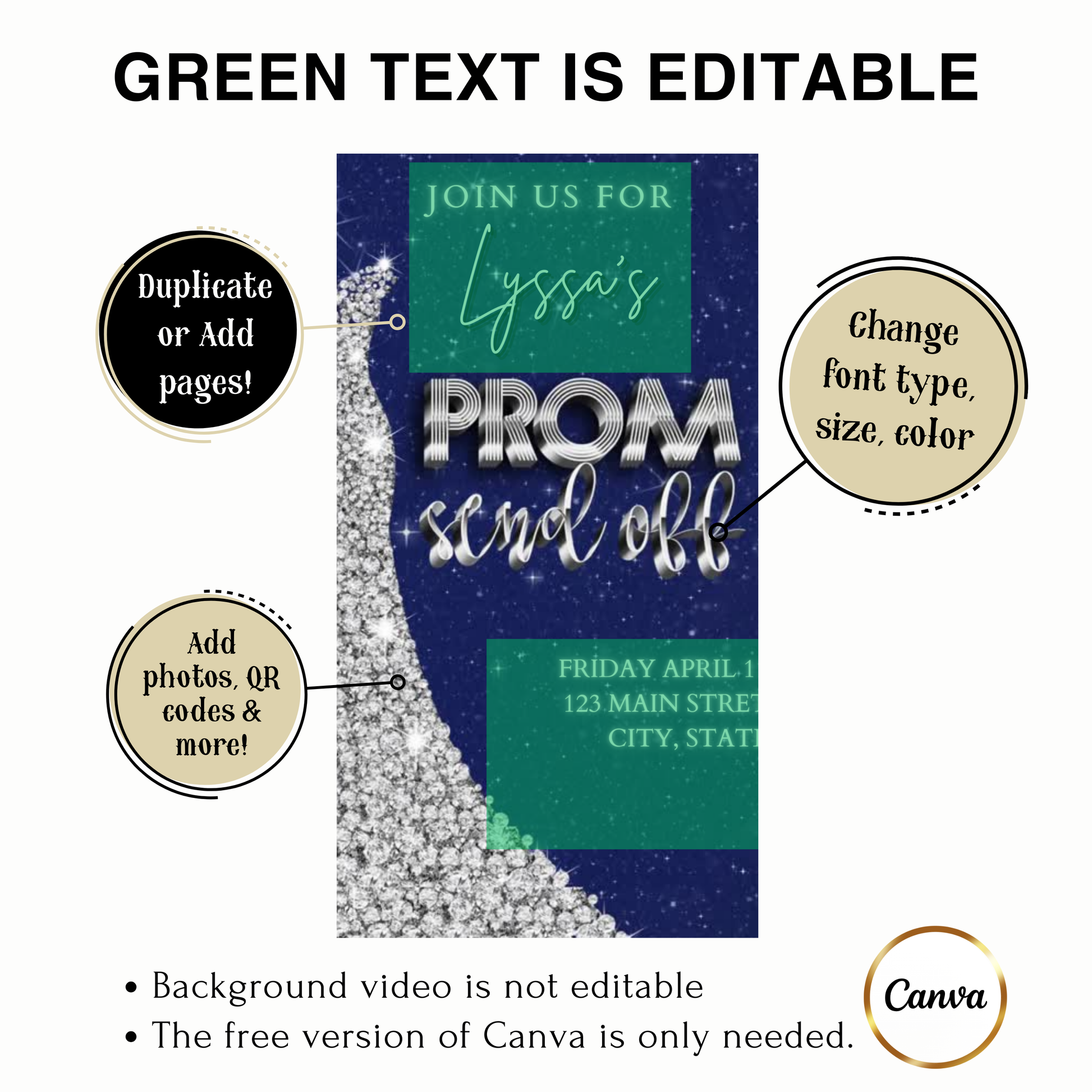 Editable navy blue silver prom send off video invitation displayed on a mobile phone, featuring an animated vertical digital invite with music, created in Canva. This premium video invitation template is designed for sharing by text, email, and social media and works with an interactive RSVP website for easy guest response tracking.