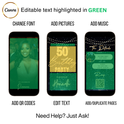 Editable blue sequin 50th birthday video invitation displayed on a mobile phone, featuring an animated vertical digital invite with music, created in Canva. This premium video invitation template is designed for sharing by text, email, and social media and works with an interactive RSVP website for easy guest response tracking.