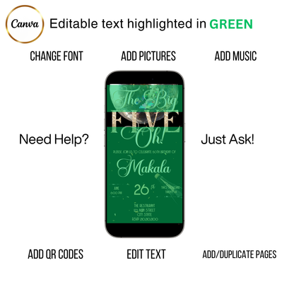 Editable black gold champagne 50th birthday video invitation displayed on a mobile phone, featuring an animated vertical digital invite with music, created in Canva. This premium video invitation template is designed for sharing by text, email, and social media and works with an interactive RSVP website for easy guest response tracking.