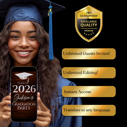 Graduation Party Video Invitation | Class of 2026 Orange and Silver Invite for Him | Editable Online RSVP Evite Canva Template