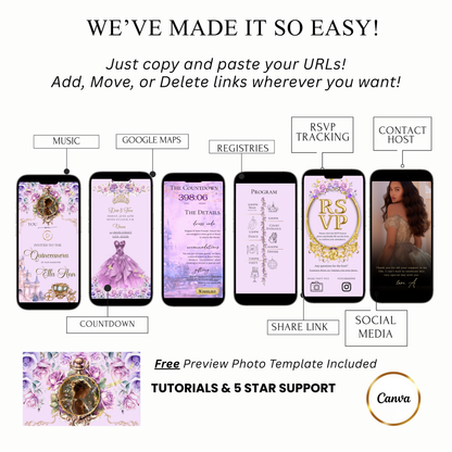 Rapunzel Quinceanera Website Invite |  Sweet 15 16 Evite RSVP Video Invitation | Canva Template