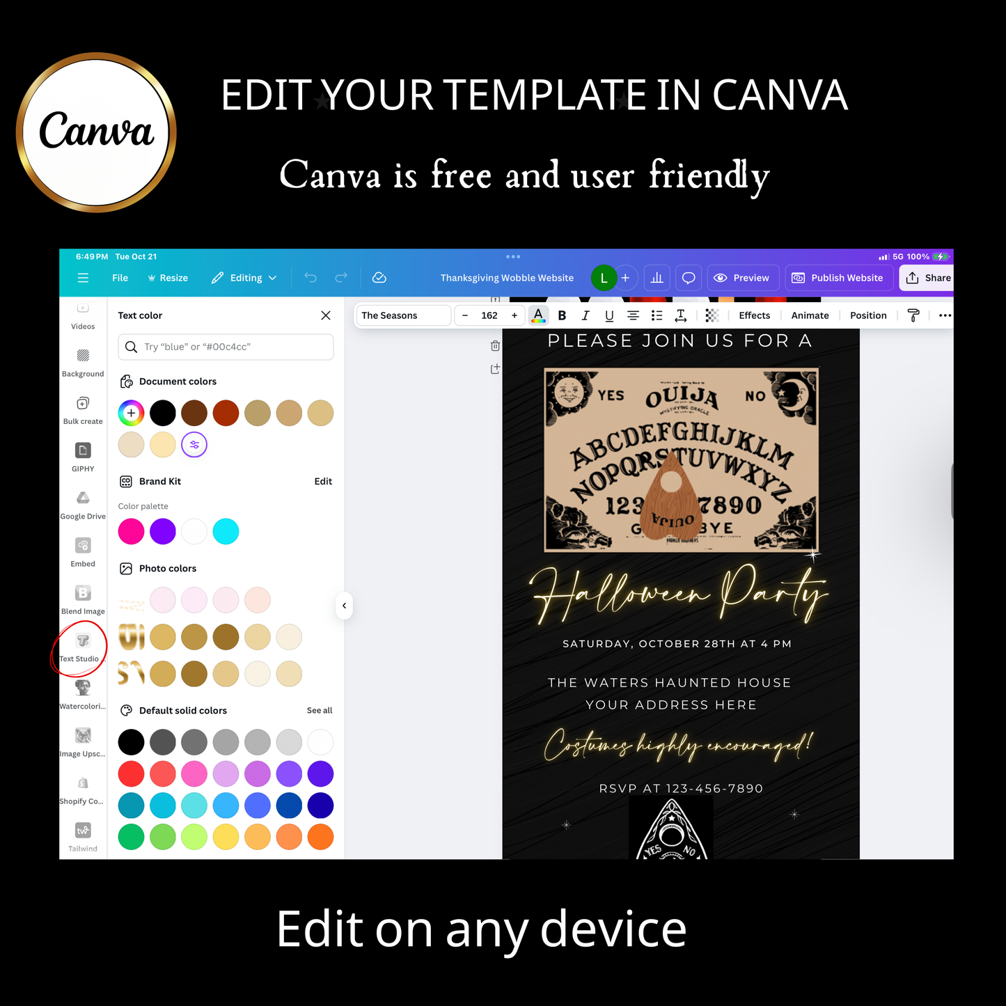 Halloween-Videoeinladung, animierte Einladung mit Ouija-Brett, bearbeitbare mobile Einladung zur Halloween-Party