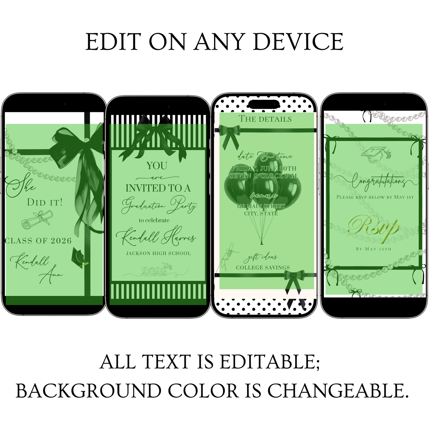 Graduation Party Video Invitation | White and Black Bow Graduation Invite for Her | Editable Online RSVP Evite Canva Template