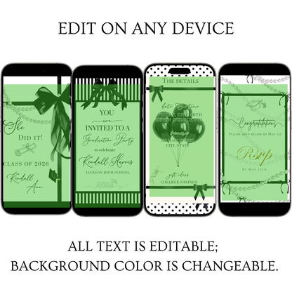 Graduation Party Video Invitation | White and Black Bow Graduation Invite for Her | Editable Online RSVP Evite Canva Template