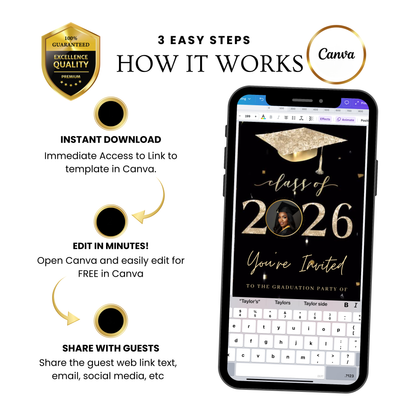2026 Graduation Party Video Invitation | Digital Graduation Invite | Editable Online Canva Template