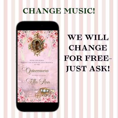 Pink Quinceañera Video Invitation | Digital Royal Sweet 15 16 Animated Invite | Editable Canva Template