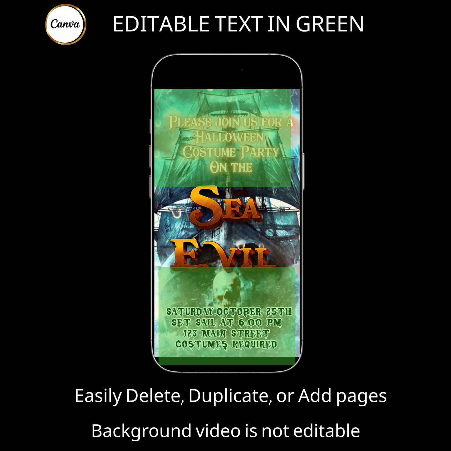 Halloween-Videoeinladung, animierte Einladung mit einem unheimlichen Seeschiff, bearbeitbare mobile Halloween-Partyeinladung