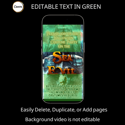 Halloween-Videoeinladung, animierte Einladung mit einem unheimlichen Seeschiff, bearbeitbare mobile Halloween-Partyeinladung