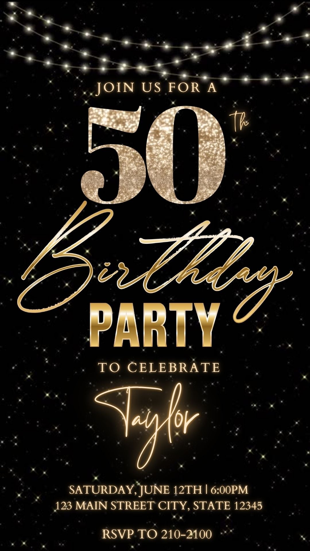 Editable gold glitter starry 50th birthday video invitation displayed on a mobile phone, featuring an animated vertical digital invite with music, created in Canva. This premium video invitation template is designed for sharing by text, email, and social media and works with an interactive RSVP website for easy guest response tracking.