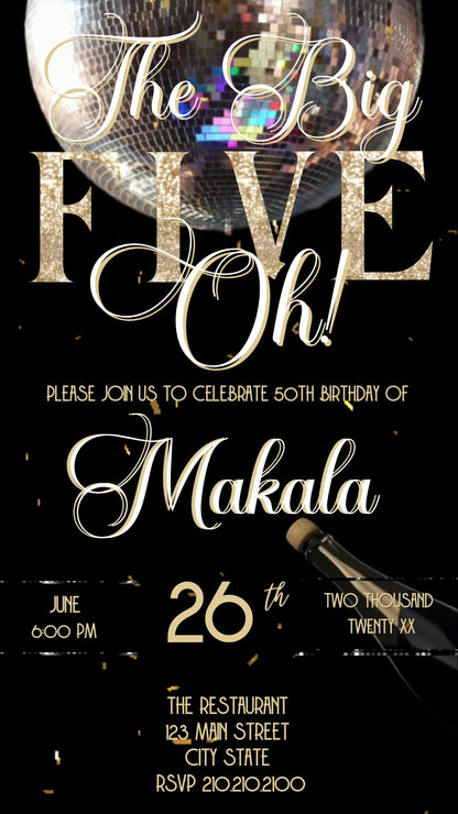 Editable black gold champagne 50th birthday video invitation displayed on a mobile phone, featuring an animated vertical digital invite with music, created in Canva. This premium video invitation template is designed for sharing by text, email, and social media and works with an interactive RSVP website for easy guest response tracking.