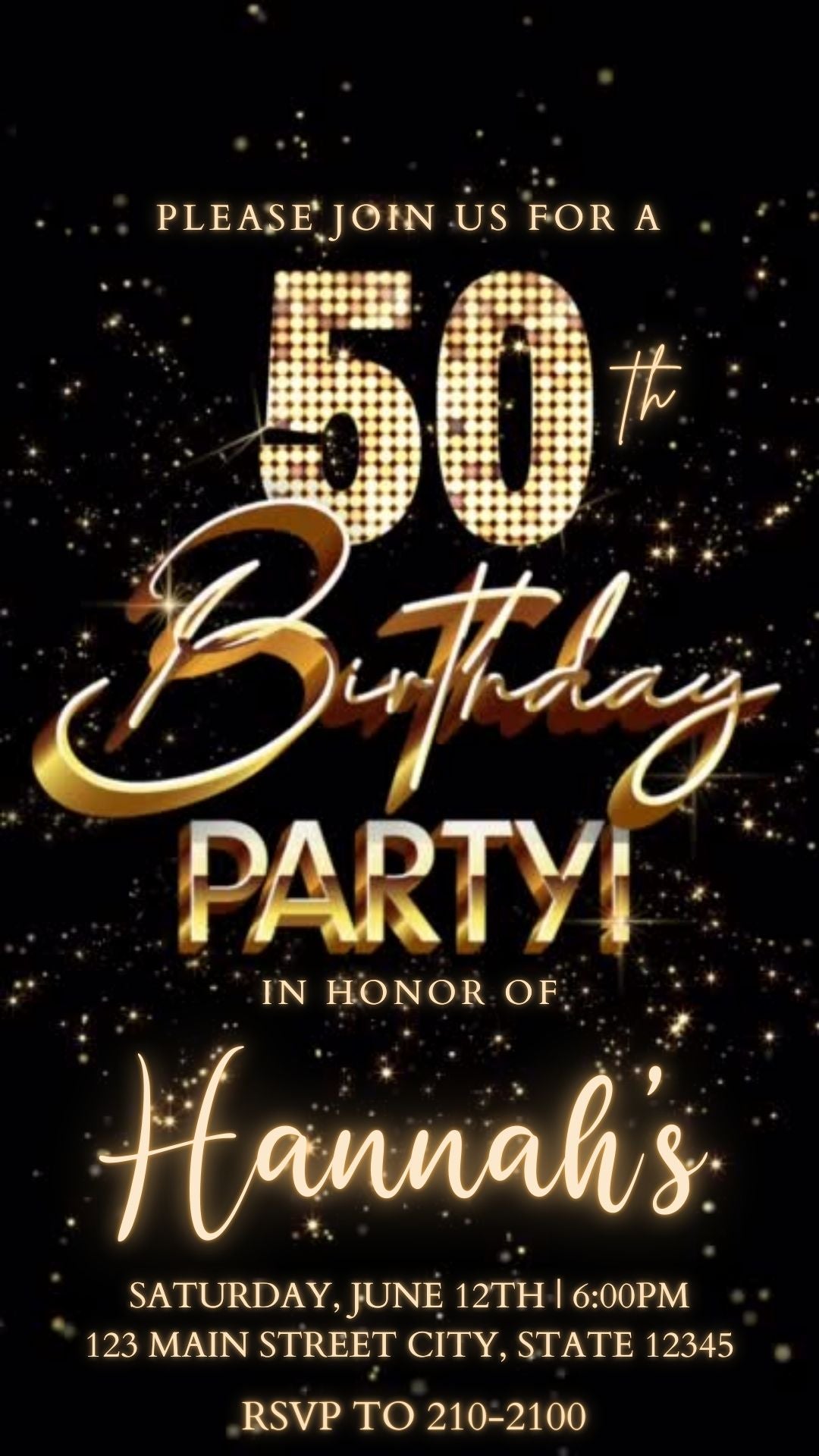 Editable gold fireworks 50th birthday party video invitation displayed on a mobile phone, featuring an animated vertical digital invite with music, created in Canva. This premium video invitation template is designed for sharing by text, email, and social media and works with an interactive RSVP website for easy guest response tracking.