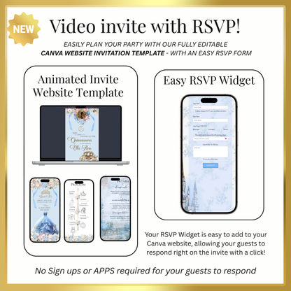 Cinderella Quinceanera Website Invite |  Sweet 15 16 Evite RSVP tracker Video Invitation | Canva Template