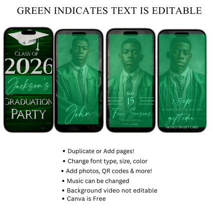 Graduation Party Video Invitation | Class of 2026 Green and Silver Invite for Him | Editable Online RSVP Evite Canva Template