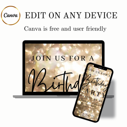Gold Video Invitation | Animated Birthday Digital Evite | Editable Canva Invite Template