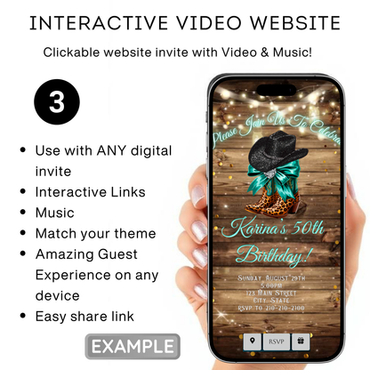 Turquoise Boots and Bling Video Invitation | Rustic Western Theme Digital Evite | Editable Canva Template