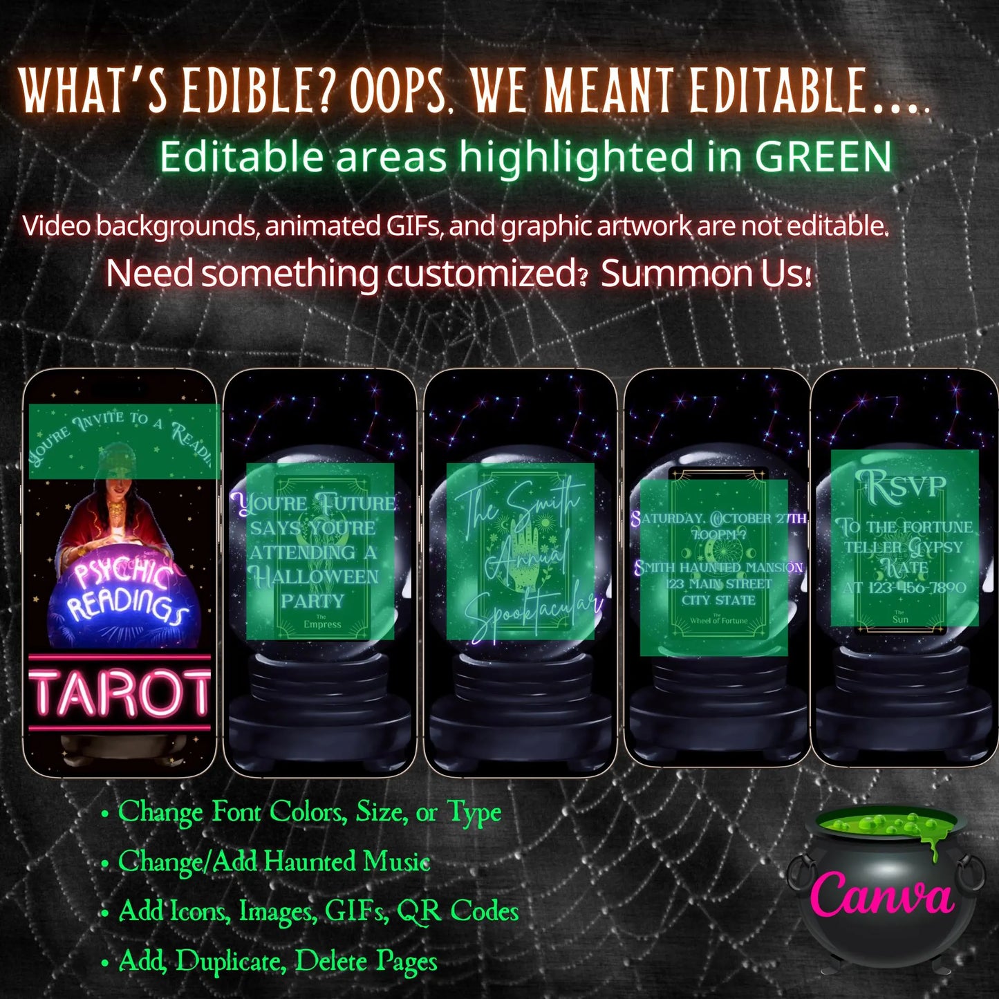 Halloween-Videoeinladung, animierte Einladung mit Tarot-Wahrsager, bearbeitbare mobile Einladung zur Halloween-Party