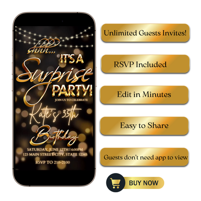 Surprise Birthday Video Invitation | Animated Gold Bokeh Digital Evite | Editable Canva Invite Template