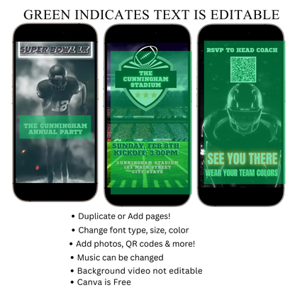 Super Bowl Video Invitation | Digital Football Game Day Invite | Editable Canva Template