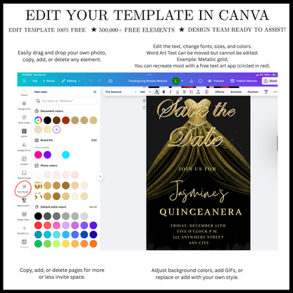 Gold Quinceañera Video Invite | Sweet 15 16 Quince RSVP Tracker | Editable Canva Evite Template