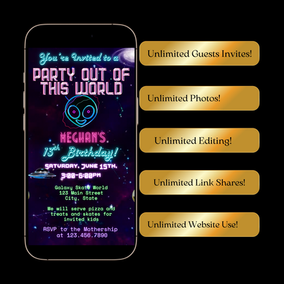 Party Out of This World Alien Birthday Invitation | Mobile Animated Alien Invite | Editable Canva Template