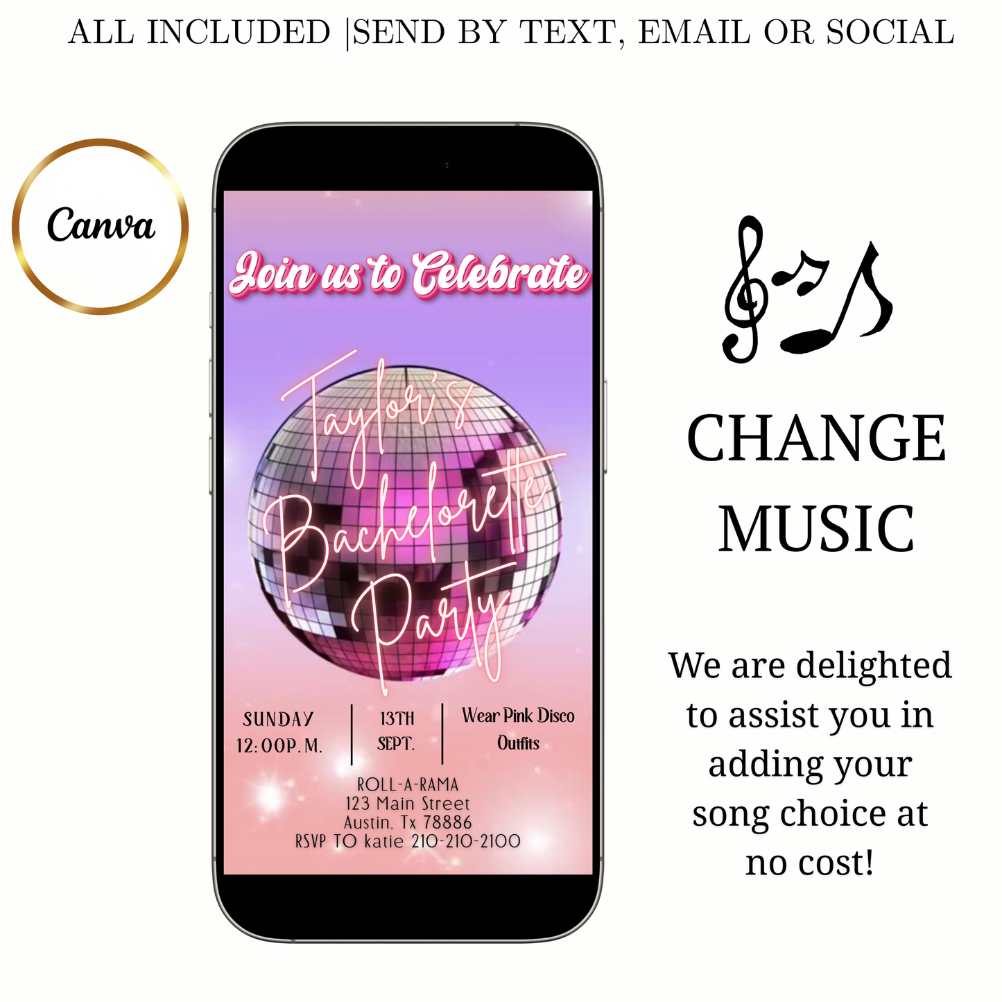 Pinke Disco-Videoeinladung | Animierte Discokugel-Einladung | Digitale Canva-Vorlage