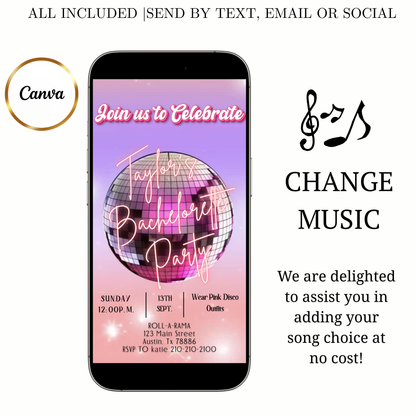 Pinke Disco-Videoeinladung | Animierte Discokugel-Einladung | Digitale Canva-Vorlage