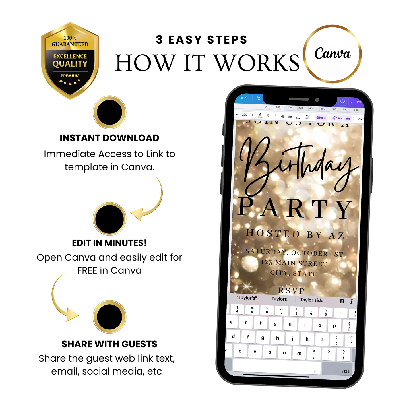 Gold Video Invitation | Animated Birthday Digital Evite | Editable Canva Invite Template