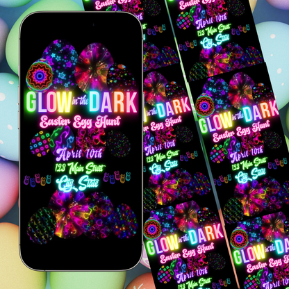 Easter Video Invitation, Neon Easter Egg Hunt Animated Invite, Digital Canva Template
