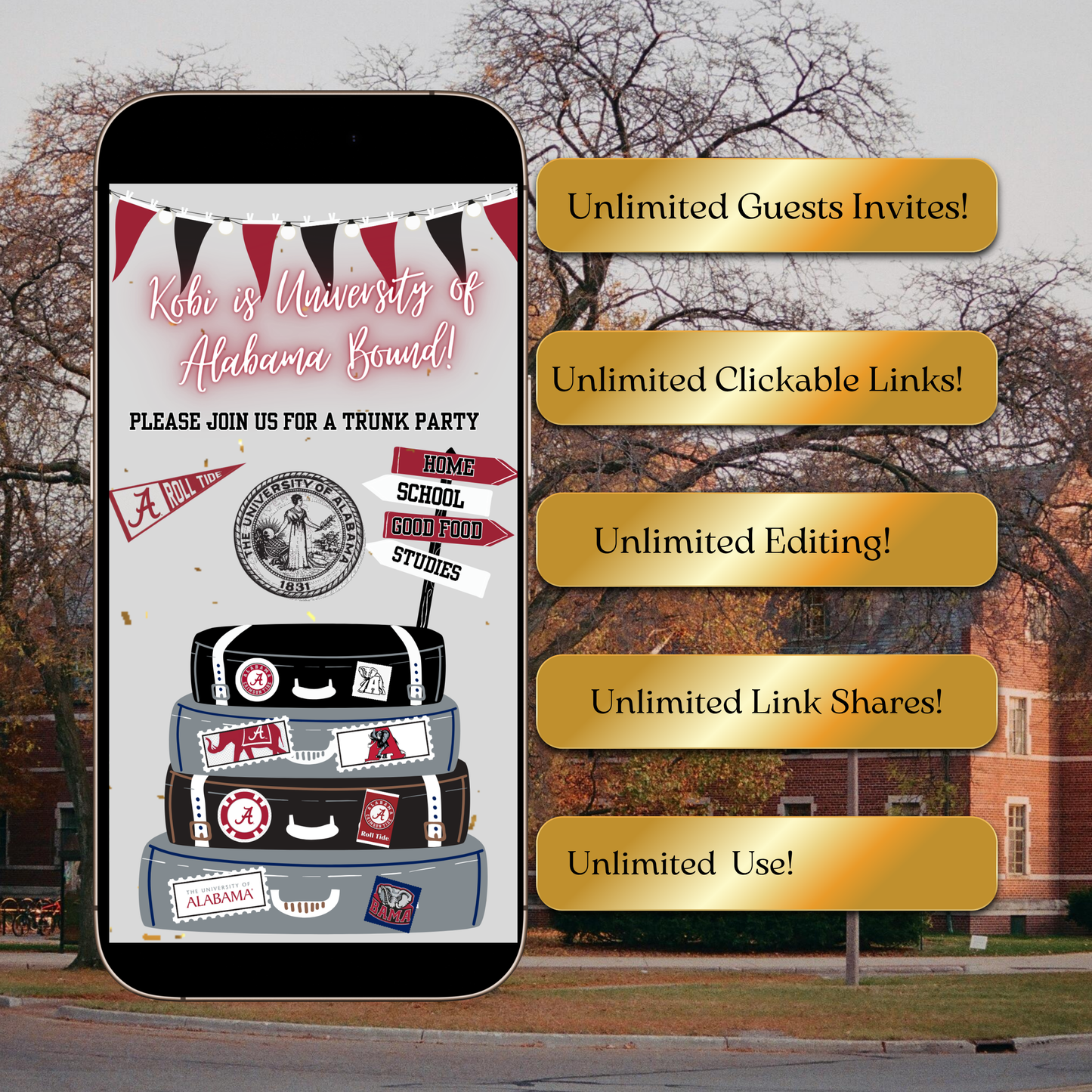 University of Alabama College Sendoff Video Invitation | Editable Trunk Party Invite | Editable Canva Template