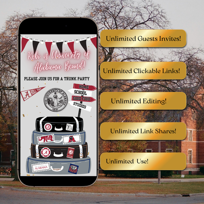 University of Alabama College Sendoff Video Invitation | Editable Trunk Party Invite | Editable Canva Template