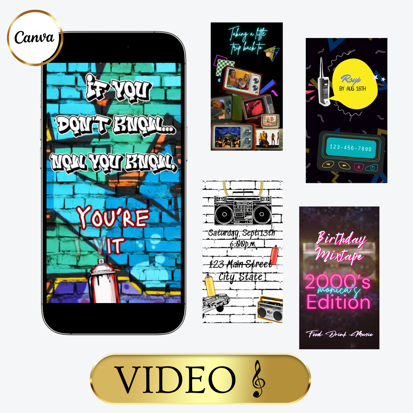 90s Video Invitation | Editable 80s 90s 2000s Birthday Party Invite | Digital Hip Hop Canva Template