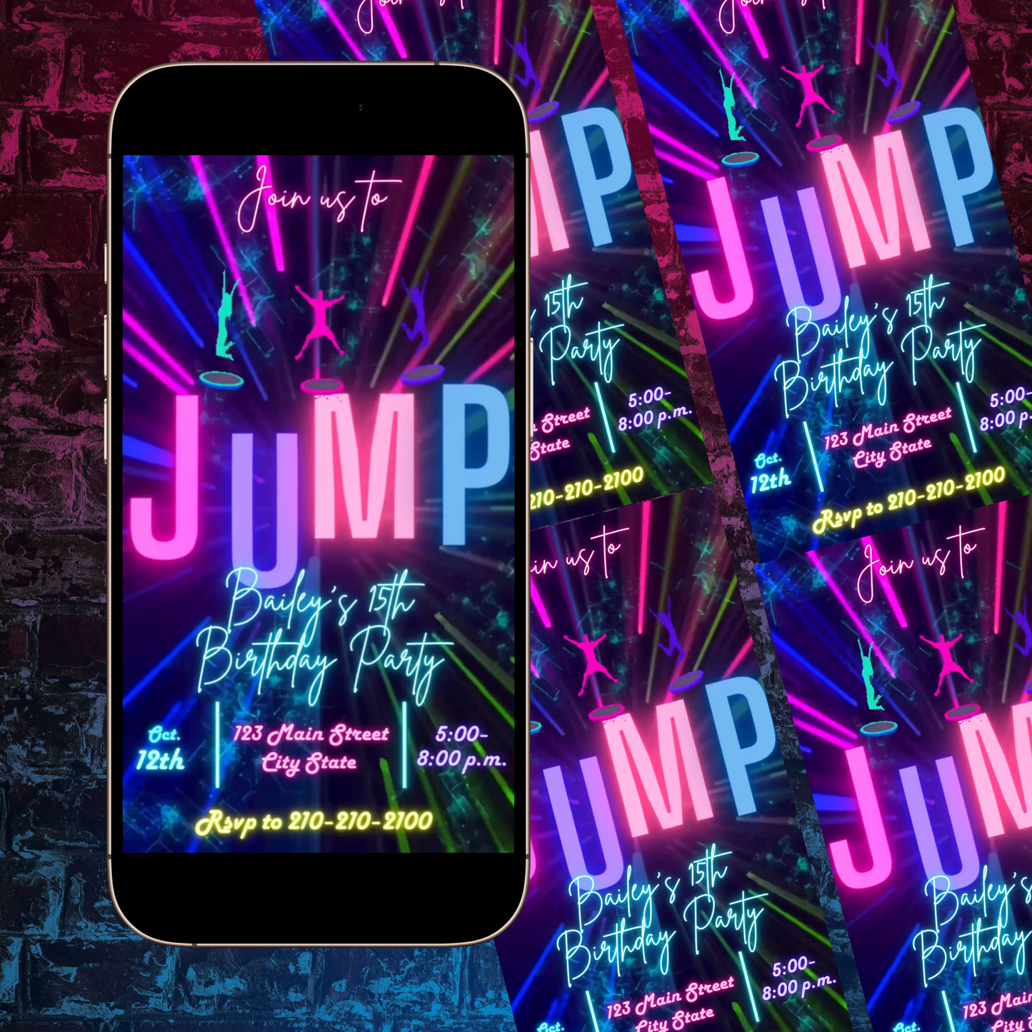 Neon Jump Celebration Video-Einladung | Digitale Glow-Party-Einladung | Bearbeitbare Canva-Einladungsvorlage