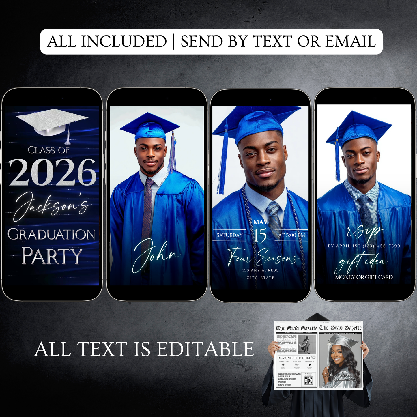 Graduation Party Video Invitation | Class of 2026 Royal Blue and Silver Invite for Him | Editable Online RSVP Evite Canva Template