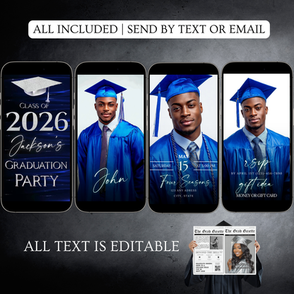 Graduation Party Video Invitation | Class of 2026 Royal Blue and Silver Invite for Him | Editable Online RSVP Evite Canva Template