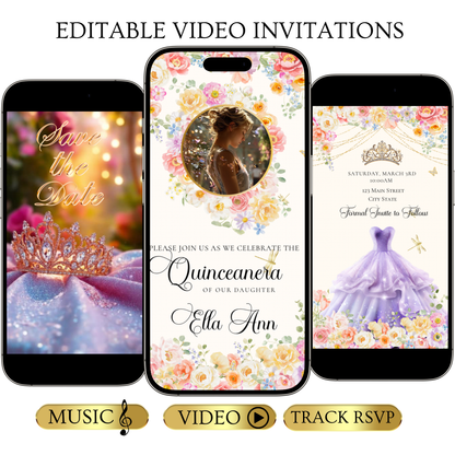 Pink Quinceanera Video Invite | Spring Sweet 15 Quince Invite | Editable Canva Evite Template