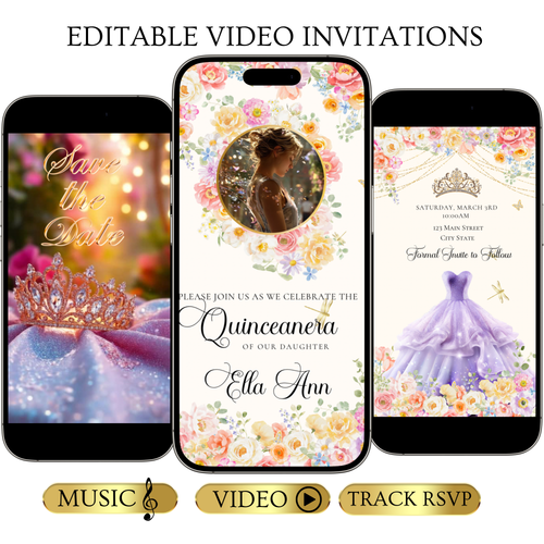 Pink Quinceanera Video Invite | Spring Sweet 15 Quince Invite | Editable Canva Evite Template