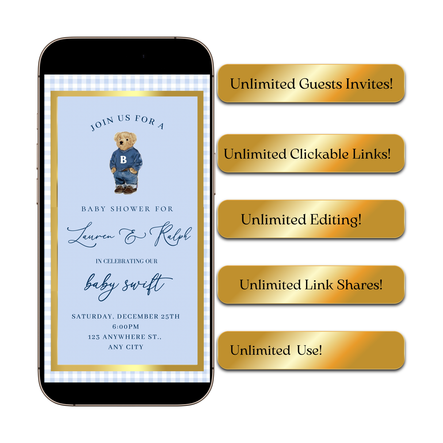 Polo Bear Video Invitation | Digital Preppy Blue Boy Baby Shower RSVP Tracker Invite | Editable Canva Template