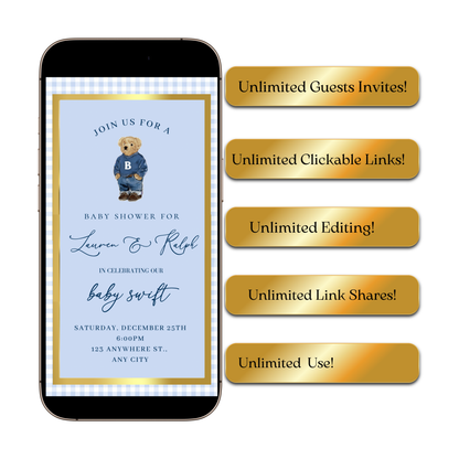 Polo Bear Video Invitation | Digital Preppy Blue Boy Baby Shower RSVP Tracker Invite | Editable Canva Template