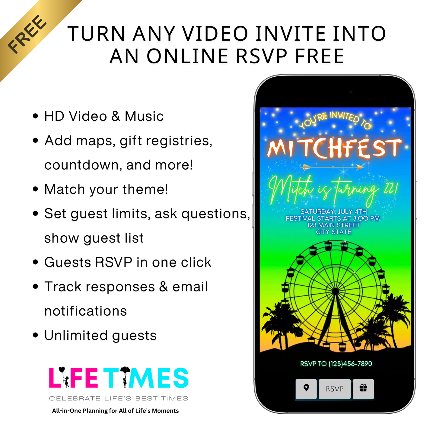 Music Festival Video Invite | Coachella Editable Evite | Animated Ferris Wheel Template