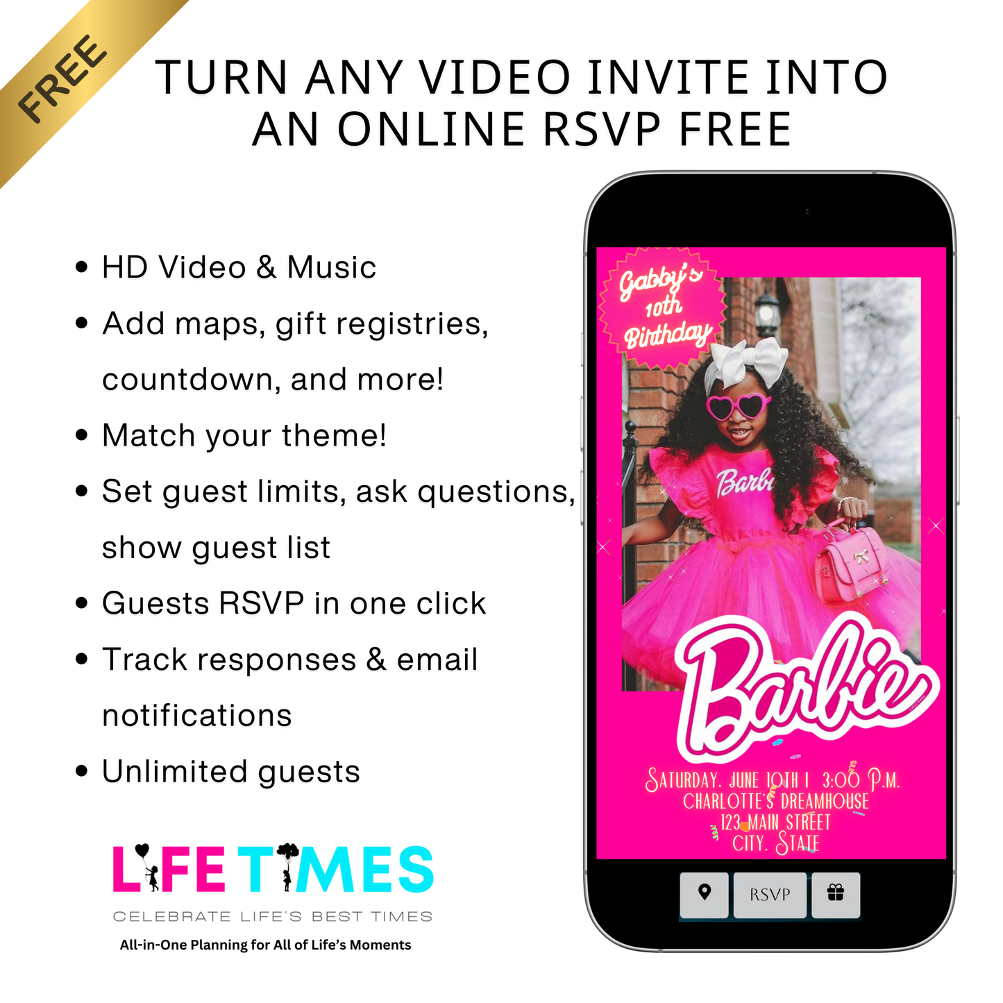 Editable Barbie Video Invitation | Animated Pink Barbie Digital Evite | Editable Canva Invite Template