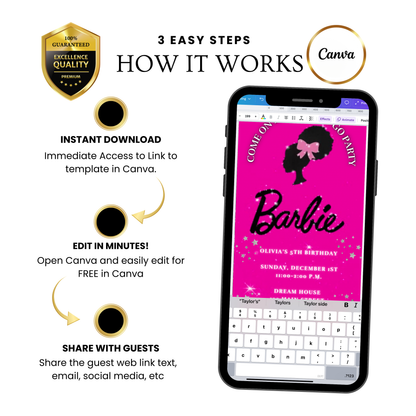 Bearbeitbare Barbie-Videoeinladung | Animierte digitale Einladung mit pinkfarbener Barbie | Bearbeitbare Canva-Einladungsvorlage