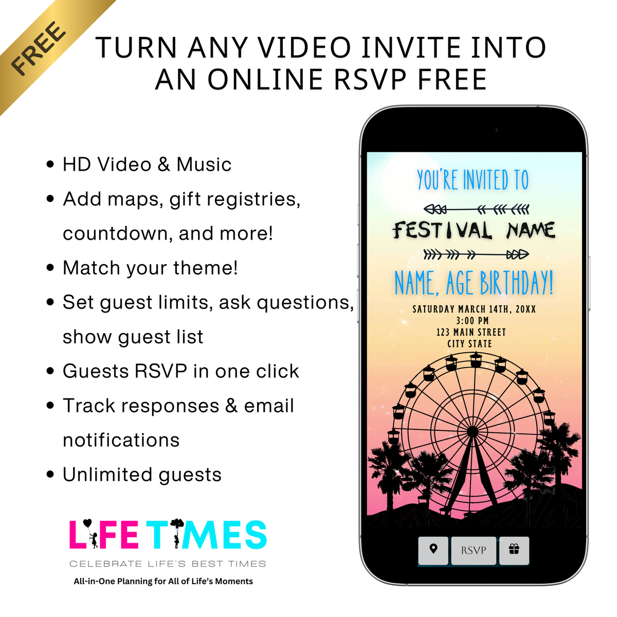 Editable Coachella Video Invitation | Mobile Music Festival Birthday Animated Invite | Canva Video Evite Template