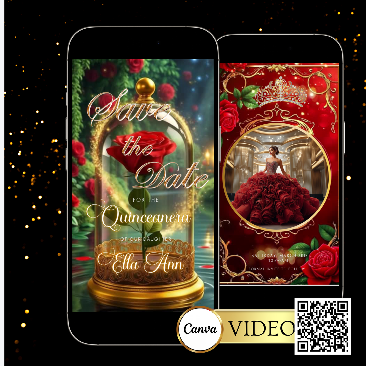Beauty and the Beast Red Rose Video Invite | Digital Princess Quinceanera Invite | Editable Canva Evite Template