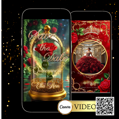 Beauty and the Beast Red Rose Video Invite | Digital Princess Quinceanera Invite | Editable Canva Evite Template
